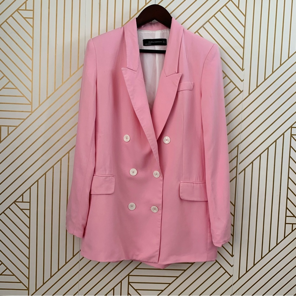 Zara Pink Double Breasted Blazer relaxed fit long line longline feminine XS